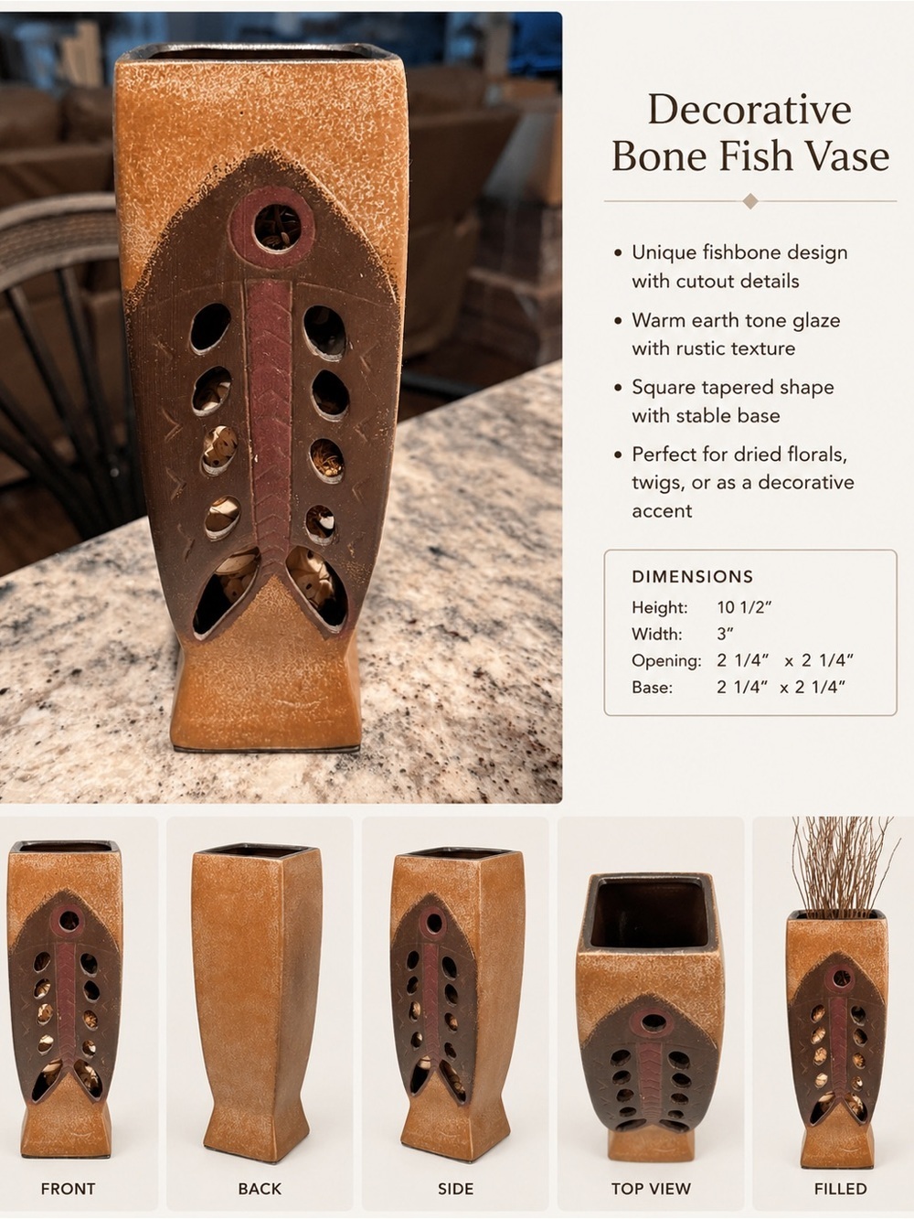 Decorative Bone Fish Vase with Cutouts
No cracks or chips
10 1/2” tall
3” wide